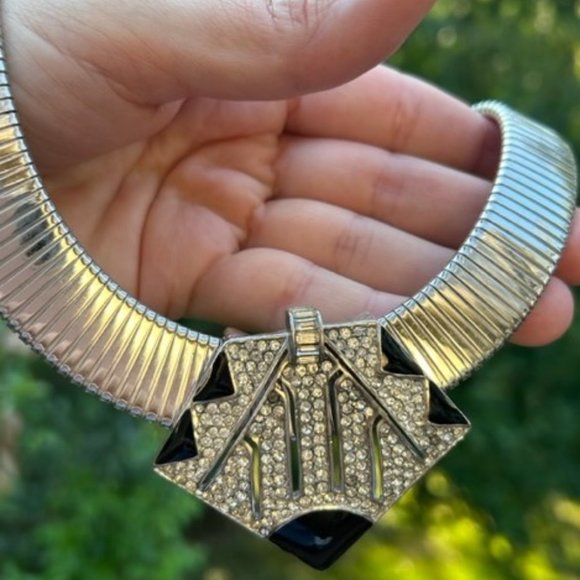 VTG CINER Silver Wide Omega Choker Rhinestone Black Enamel Pendant NECKLACE - Picture 5 of 9